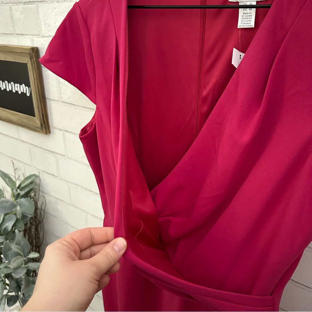 LONDON TIMES Pink Faux Wrap Ruffle Cap Sleeve Dress - Picture 10 of 11